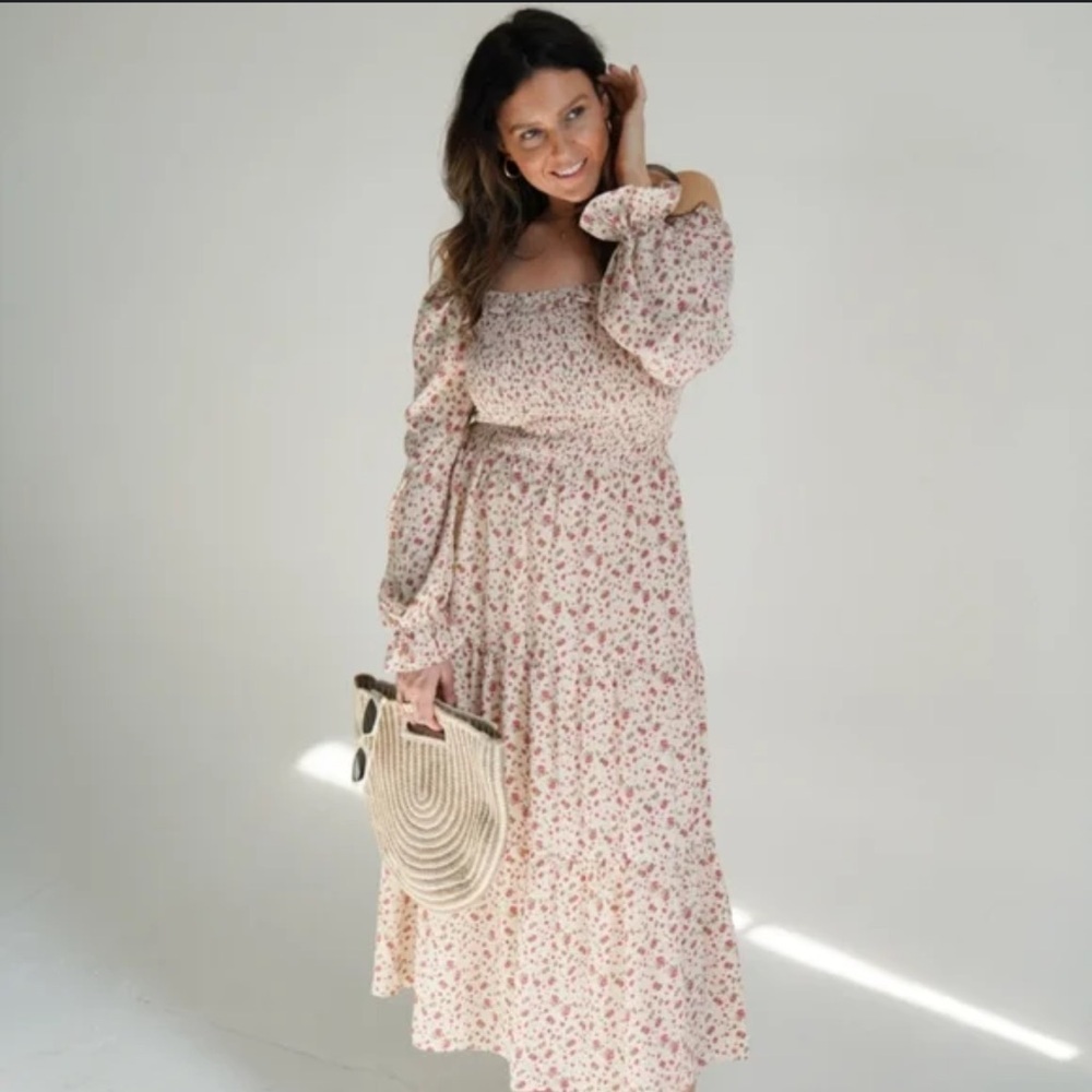 CJLA Womens Pink Cream Floral‎ Talia Dress Long Sleeve Boho Midi Peasant Small
